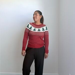 Red Festive Sweater with Tree Pattern